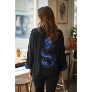 Vintage Dragon Mandarin Kimono Black w/ Blue Dragon Medium Frog Closure